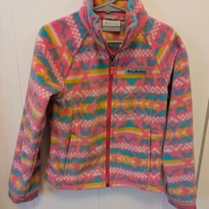 Columbia Pink Teal Yellow Patterned Fleece Jacket